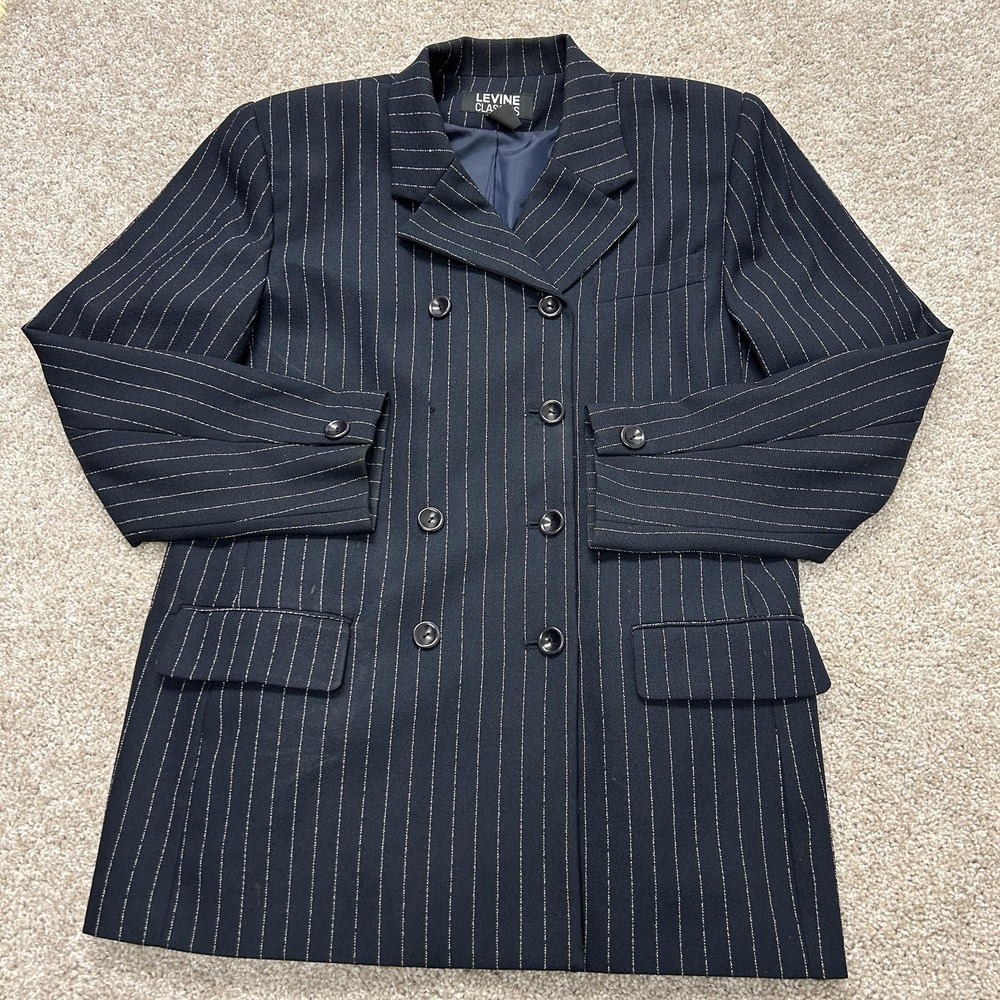 Levine Classics Blazer Jacket Womens 16 Blue Pinstripe Double Breasted Lined